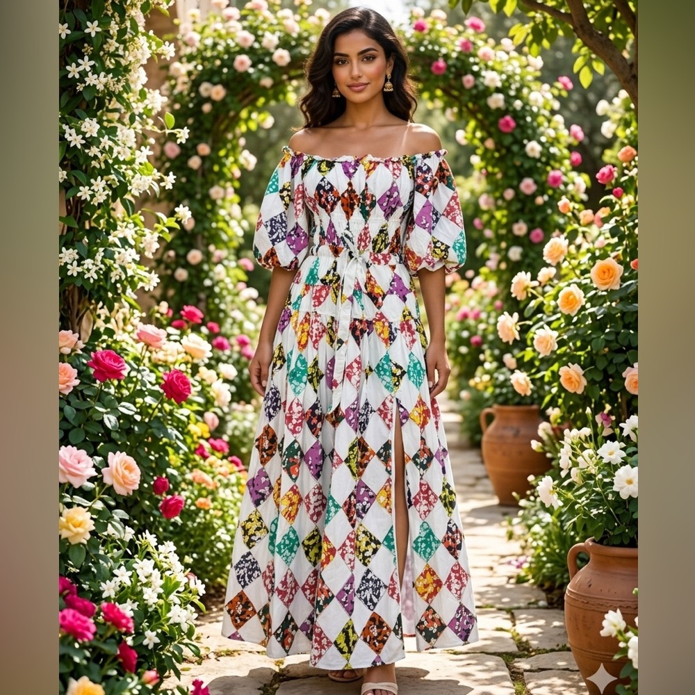 ANTHROPOLOGIE LOVE THE LABEL Amelia Smocked Long Dress M Sophie Print